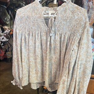 Free People Floral Smocked Blouse - Cream, Grey and Gold